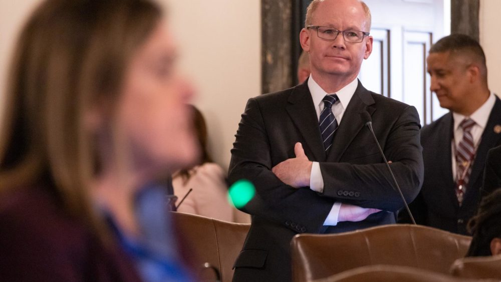 Senate President Don Harmon, D-Oak Park, is pictured during floor debate of a measure that would allow state courts to award punitive damages in wrongful death lawsuits. (Capitol News Illinois photo by Andrew Adams)