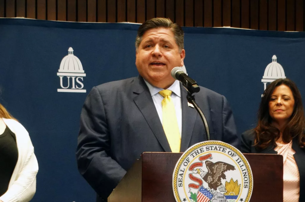 Gov. JB Pritzker is pictured at the University of Illinois Springfield Wednesday during a news conference called to tout the state budget's higher education spending. (Capitol News Illinois photo by Peter Hancock)