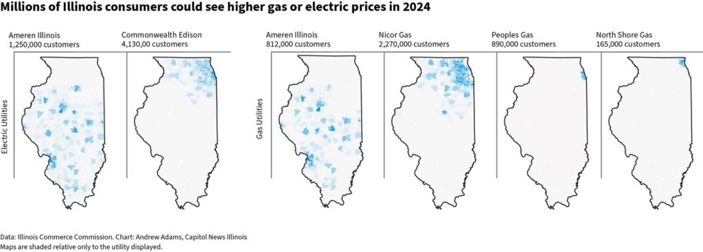 The graphic shows the areas of the state where consumers will be affected by proposed rate increases sought by six electric and gas utilities. (Capitol News Illinois graphic by Andrew Adams)