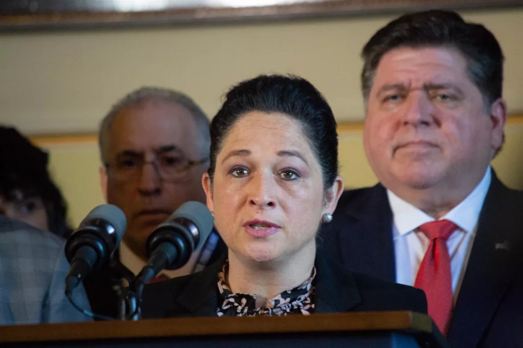 Illinois Comptroller Susana Mendoza is pictured at a news conference in Gov. JB Pritzker's office earlier this year at the Illinois State Capitol. (Capitol News Illinois photo by Jerry Nowicki)