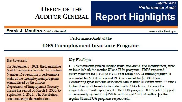 A screenshot shows the main finding of a state audit of unemployment fraud that occurred amid the COVID-19 pandemic. CREDIT: Illinois Auditor General's Office