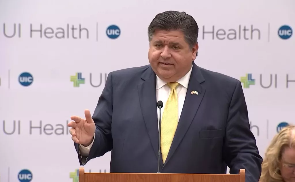 Gov. JB Pritzker takes questions on Monday after a news conference at which his administration announced a new interagency effort to ensure access to abortion care in Illinois. (Credit: Illinois.gov)