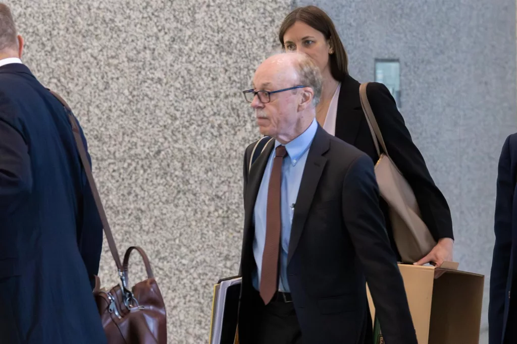 Tim Mapes, the former chief of staff for longtime Illinois House Speaker Michael Madigan, exits the Dirksen Federal Courthouse in Chicago on Monday. He is standing trial for perjury and obstruction of justice. (Capitol News Illinois photo by Andrew Adams)