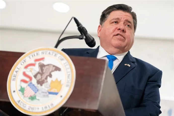 Gov. JB Pritzker speaks during a press conference in downtown Chicago, Wednesday, Aug. 30, 2023. (PHOTO CREDIT: Pat Nabong/Chicago Sun-Times)