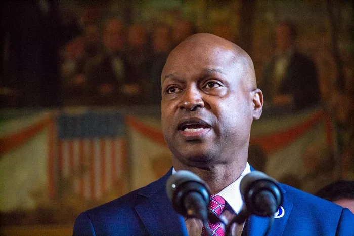 House Speaker Emanuel “Chris” Welch, D-Hillside, is pictured at a news conference in the governor’s office earlier this year. (Capitol News Illinois file photo by Jerry Nowicki)