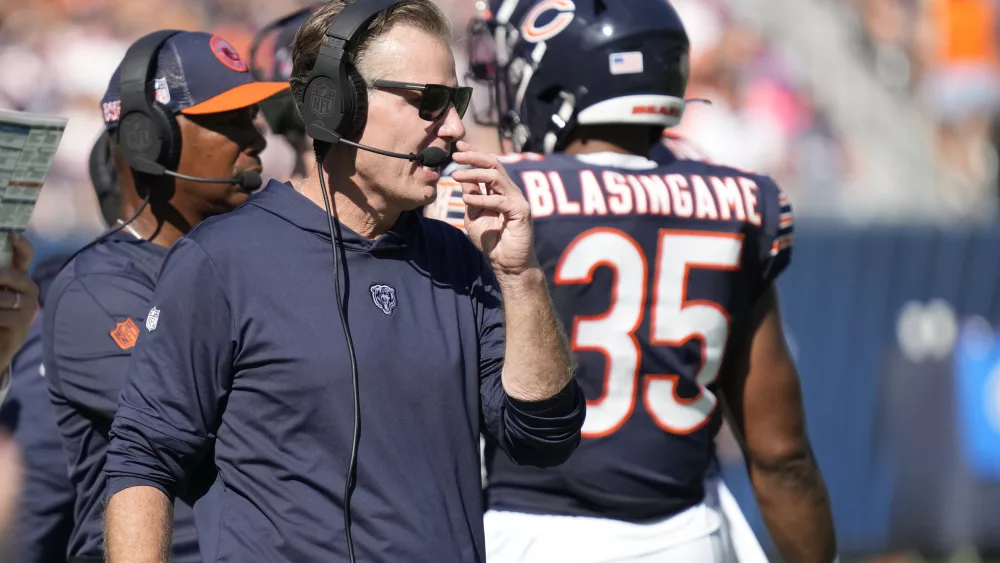 Chicago Bears head coach Matt Eberflus directs his team during the second half of an NFL football game against the Denver Broncos Sunday, Oct. 1, 2023, in Chicago. (AP Photo/Nam Y. Huh)