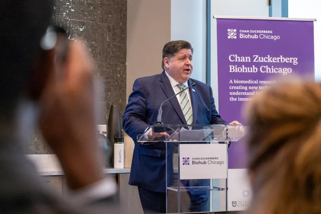 Gov. JB Pritzker speaks to a crowd at the Thursday launch event for the Chan Zuckerberg Biohub Chicago. (Capitol News Illinois photo by Andrew Adams)
