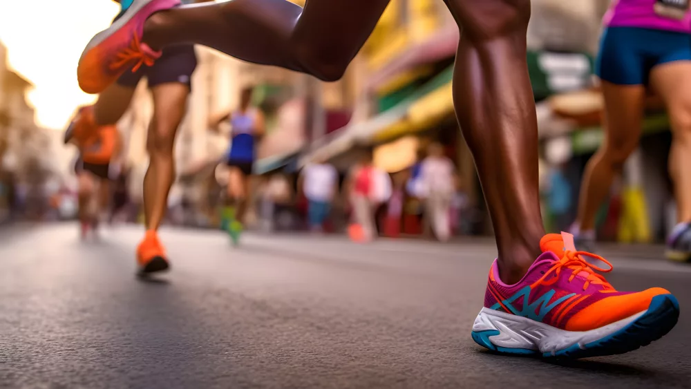 Close-up of a Group of Runners Legs in a Distance Road Race, Generative AI