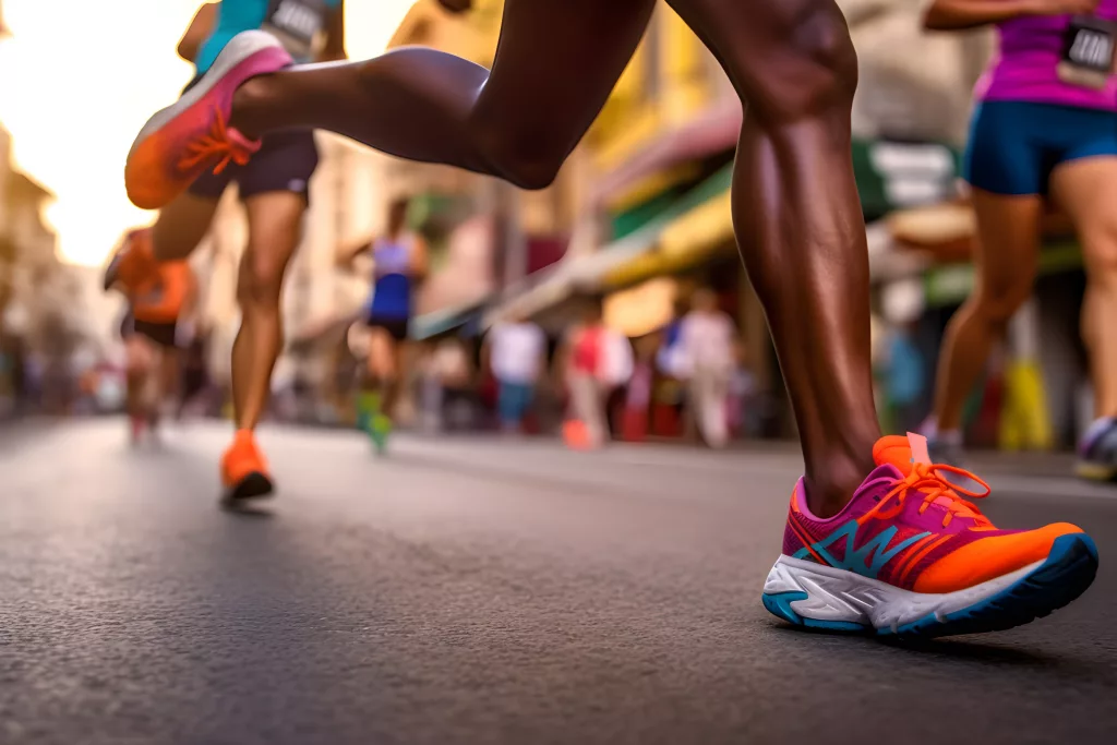 Close-up of a Group of Runners Legs in a Distance Road Race, Generative AI