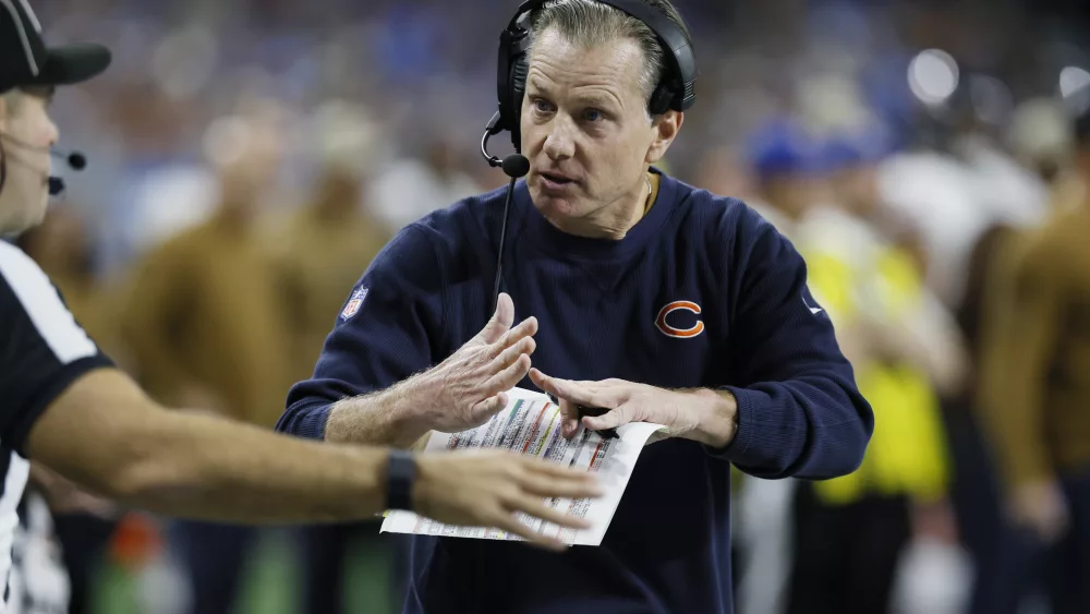 Chicago Bears head coach Matt Eberflus calls a timeout during the first half of an NFL football game against the Detroit Lions, Sunday, Nov. 19, 2023, in Detroit. (AP Photo/Duane Burleson)