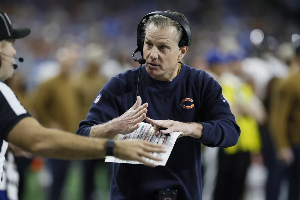 Chicago Bears head coach Matt Eberflus calls a timeout during the first half of an NFL football game against the Detroit Lions, Sunday, Nov. 19, 2023, in Detroit. (AP Photo/Duane Burleson)