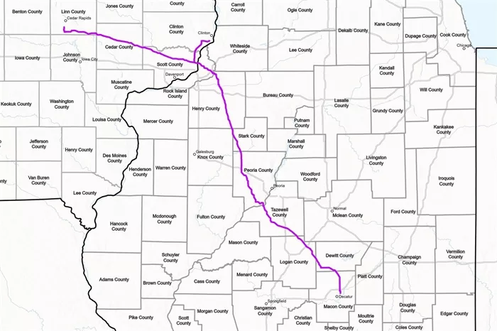 A map submitted to the Illinois Commerce Commission by Wolf Carbon Solutions showing their preferred route for a proposed carbon dioxide pipeline. (Photo taken from ICC testimony)