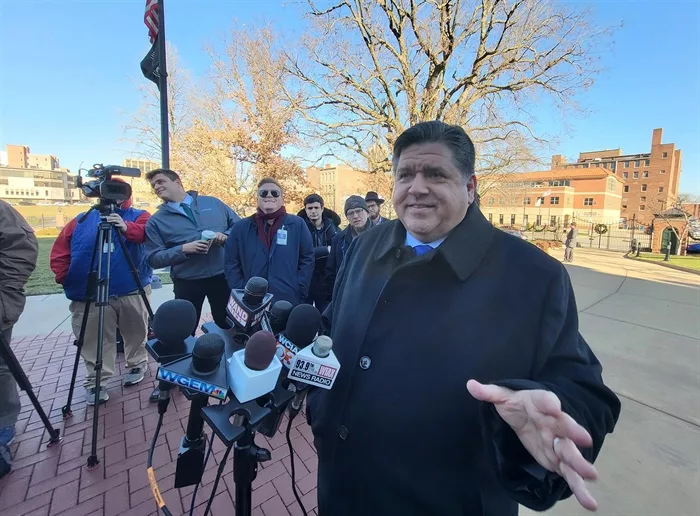 Gov. JB Pritzker takes questions at a news conference Thursday in Springfield. Pritzker said he believes Illinois' assault weapons ban is constitutional as gun rights advocates prepare to challenge the law before the U.S. Supreme Court. (Capitol News Illinois photo by Peter Hancock)