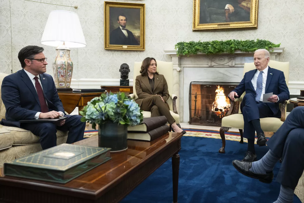President Joe Biden speaks during a meeting with Congressional leaders in the Oval Office of the White House, Tuesday, Feb. 27, 2024, in Washington. From left, Speaker of the House Mike Johnson of La., Vice President Kamala Harris, and Biden. (AP Photo/Evan Vucci)