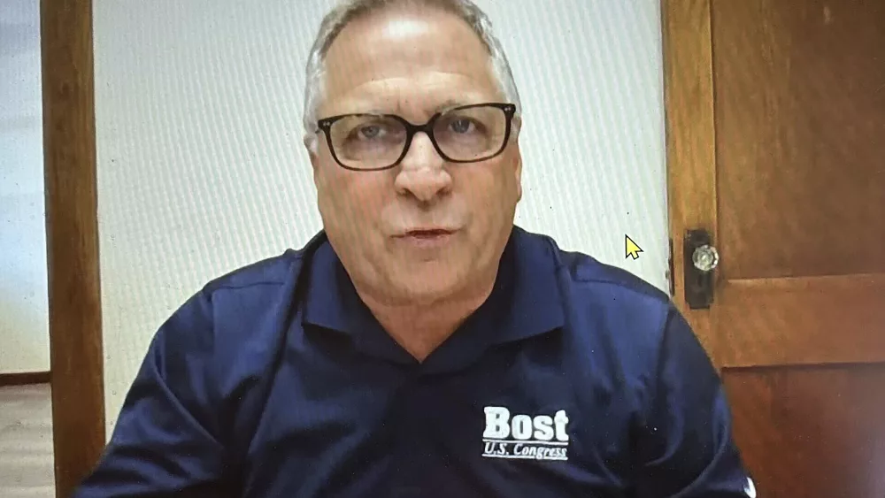 U.S. Rep. Mike Bost discusses his re-election campaign via video conference in this Monday, March 4, 2024 photo. The five-term incumbent is facing a March 19th primary challenge from Darren Bailey, a former state senator and 2022 nominee for Illinois governor. Bost has the endorsement of former President Donald Trump for the race in the 12th District, which encompasses the bottom one-third of Illinois. (AP Photo/John O'Connor)