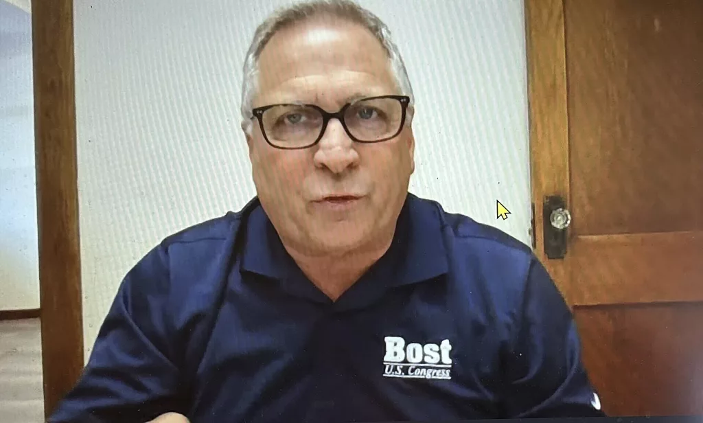 U.S. Rep. Mike Bost discusses his re-election campaign via video conference in this Monday, March 4, 2024 photo. The five-term incumbent is facing a March 19th primary challenge from Darren Bailey, a former state senator and 2022 nominee for Illinois governor. Bost has the endorsement of former President Donald Trump for the race in the 12th District, which encompasses the bottom one-third of Illinois. (AP Photo/John O'Connor)