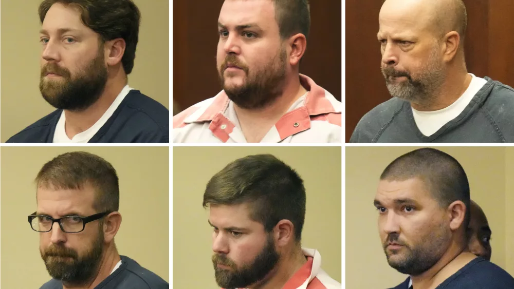 FILE - This combination of photos shows, from top left, former Rankin County sheriff's deputies Hunter Elward, Christian Dedmon, Brett McAlpin, Jeffrey Middleton, Daniel Opdyke and former Richland police officer Joshua Hartfield appearing at the Rankin County Circuit Court in Brandon, Miss., Aug. 14, 2023. Two Black men who were tortured for hours by the six Mississippi law enforcement officers in 2023 called Monday, March 18, 2024, for a federal judge to impose the strictest possible penalties at their sentencings this week. (AP Photo/Rogelio V. Solis, File)