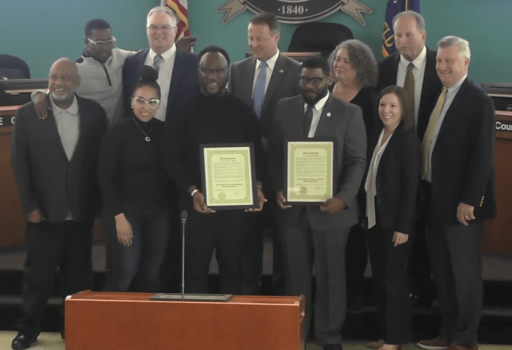 City Council with Dominic Watson and Marcus Johnson for Cultural District recognition award