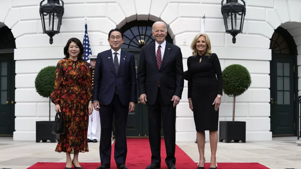 President Joe Biden and first lady Jill Biden greet Japanese Prime Minister Fumio Kishida and his wife Yuko Kishida upon their arrival at the White House, Tuesday, April 9, 2024, in Washington. (AP Photo/Susan Walsh)