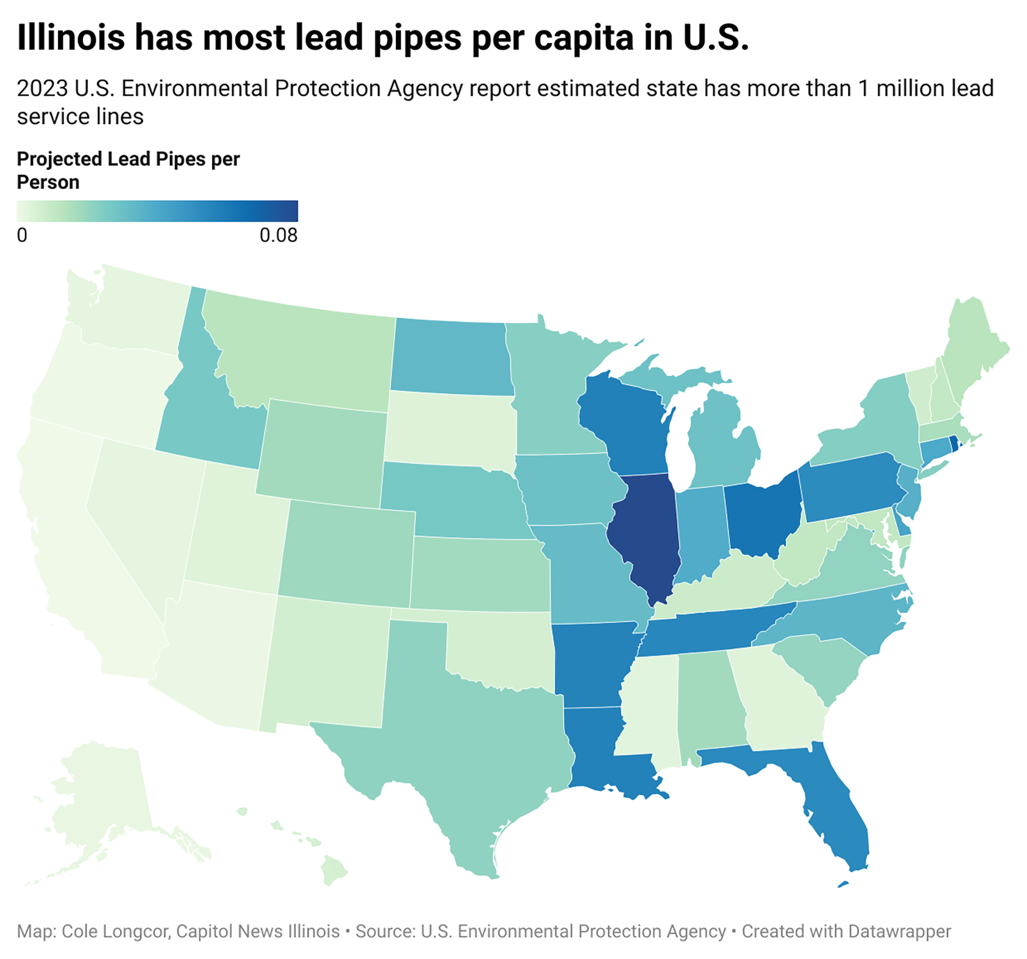 A 2023 U.S. Environmental Protection Agency report estimated Illinois has the most lead service lines per capita in the country. (Capitol News Illinois graphic by Cole Longcor)