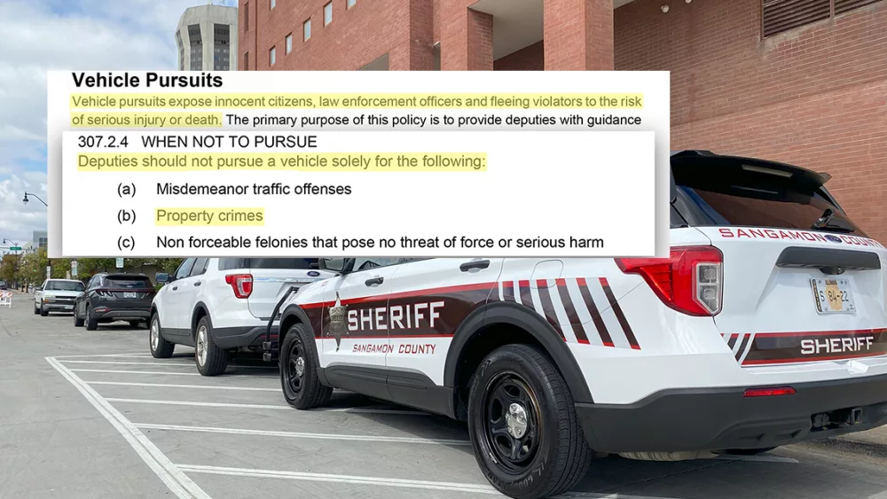 The pursuit policy of the Sangamon County Sheriff’s Office outlines the circumstances in which deputies are directed not to pursue fleeing vehicles. Highlights added. (Capitol News Illinois illustration by Jerry Nowicki)