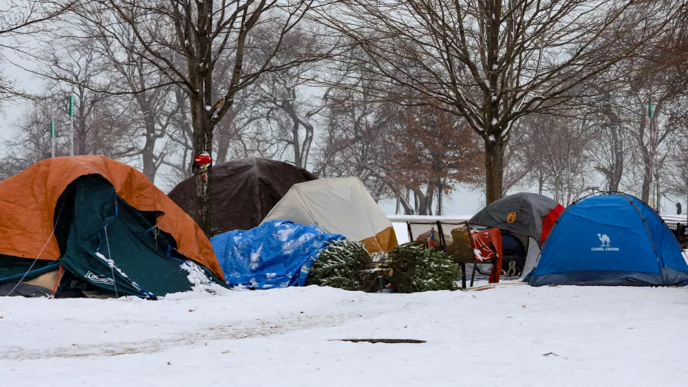 Tents are pictured near Montrose Beach in Chicago. Dozens of homeless encampments dot the city’s lakefront parks. (Capitol News Illinois photo by Andrew Adams)