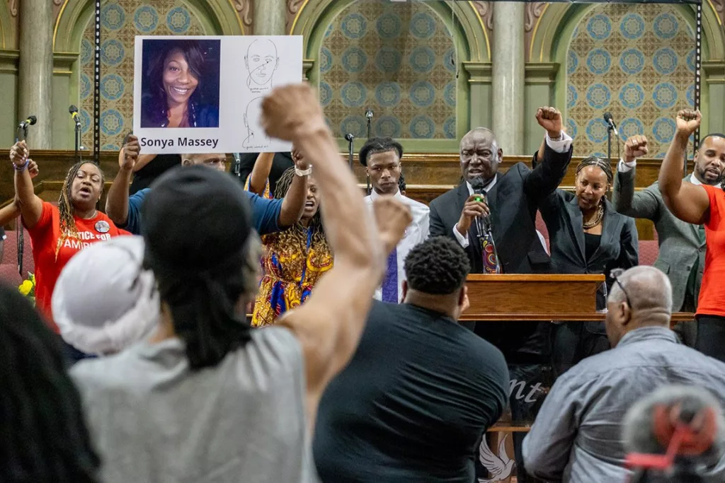 Attorney Ben Crump, who is representing the Massey family, speaks at a rally set up to call attention to the police killing of Sonya Massey.