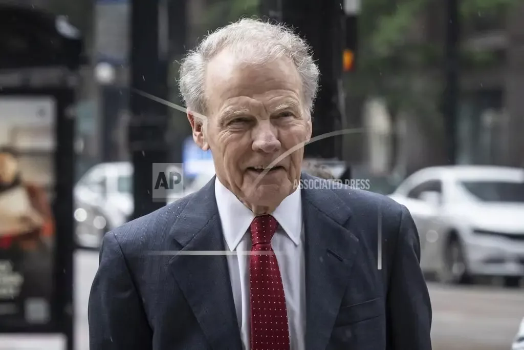 Illinois' former House Speaker Michael Madigan walks into the Dirksen Federal Courthouse for his sentencing hearing, Friday, June 13, 2025, in Chicago. (Ashlee Rezin/Chicago Sun-Times via AP)