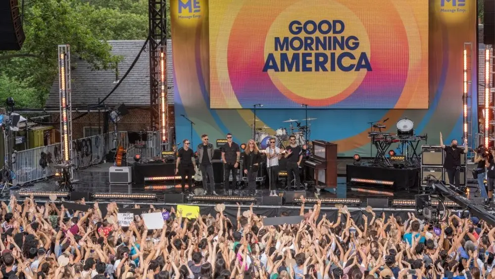 Members of pop rock band One Republic pose on stage after ABC Good Morning America summer concert at Central Park New York^ NY - July 15^ 2022