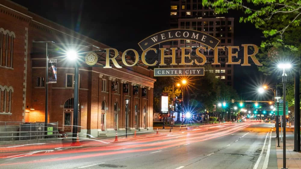 Welcome to Rochester sign along South Clinton Avenue in downtown Rochester^ New York