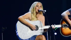 Megan Moroney performs in Hollywood^ Florida on November 14^ 2024 as part of Audacy’s Stars and Strings benefit concert.