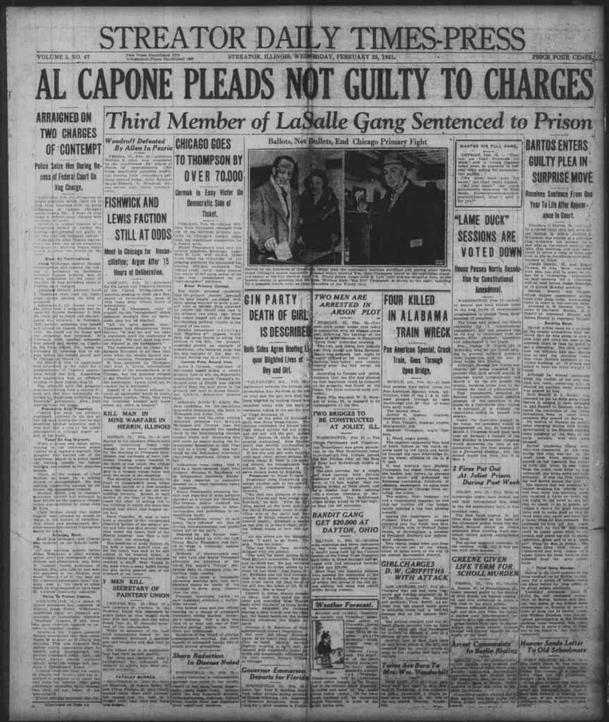 As Shaw Media celebrates its 175th anniversary, we looked back at four front pages from February 25. These archives serve as a time capsule, capturing everything from the height of Prohibition-era crime to the local ripples of global conflicts spanning several decades.On February 25, 1931, the Streator Daily Times-Press featured a massive headline that defined an era: “AL CAPONE PLEADS NOT GUILTY TO CHARGES.” The Chicago gang leader was arraigned on contempt charges, a pivotal moment in the federal government’s crackdown on organized crime. Locally, the paper tracked the guilty plea of a La Salle gang member who was sentenced to a term between one year and life in prison for robbery.By February 25, 1991, the front page was dominated by the Gulf War with the bold declaration, “Allies storm Kuwait.” The edition detailed the start of the ground offensive, featuring a striking image of captured Iraqi soldiers being led through the desert. On the home front, the paper captured the somber mood of the community, reporting on a Woodstock town meeting where residents gathered to discuss their hopes for peace amidst the escalating violence.The February 25, 2011, edition of the Daily Chronicle focused on the intersection of military service and local civic duty. The lead story, “Pulling double duty,” profiled Shaun Penn, a local firefighter returning from a tour in Afghanistan to serve the city of Sycamore. The page also highlighted the political tension of the time, reporting on Illinois lawmakers’ reactions to Wisconsin senators who had fled their state to stall legislation.Rounding out the collection, the February 25, 2022, Telegraph captured the terrifying beginning of a new global crisis: “WAR IN UKRAINE.” The front page detailed Russia’s full-scale invasion and immediately connected the global event to local concerns, predicting higher fuel costs for Illinois residents and sharing the anxieties of local Ukrainians worried for their families overseas.