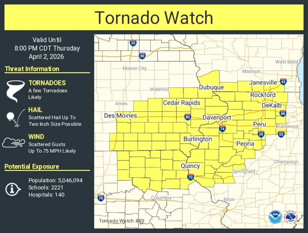 The National Weather Service issued tornado watch around 2 p.m. for North Central Illinois, including La Salle and Bureau counties, until 8 p.m.This watch encompasses 10 counties in Northern Illinois including Boone, DeKalb, La Salle, Lee, Ogle, Winnebago, Grundy, Kane, Kendall and McHenry.Residents are advised to stay tuned to news alerts until the watch lapses.