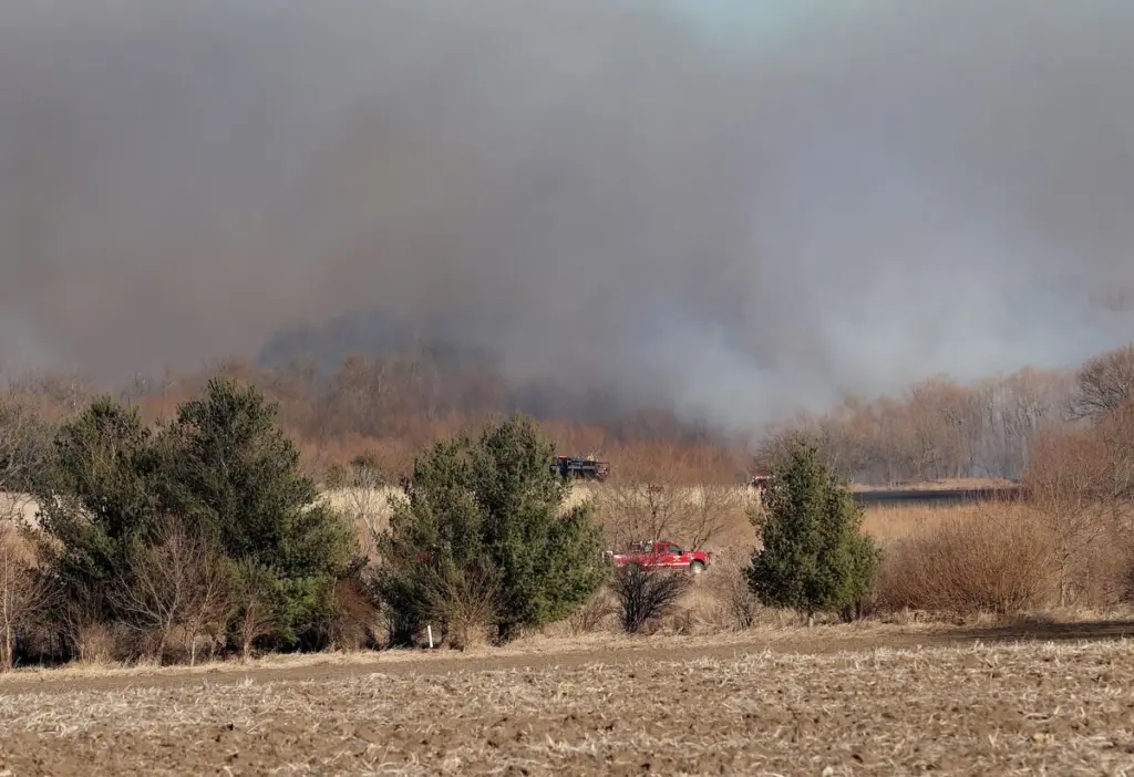 Firefighters responded to a large brush fire in the 26000 block of 2500 East Street on Wednesday, Feb. 18, 2026 near Ohio. A Mutual Aid Box Alarm call was elevated to the second-alarm for the brush fire. Bureau County Fire departments from Princeton, Ohio, Malden and others assisted with the fire.
