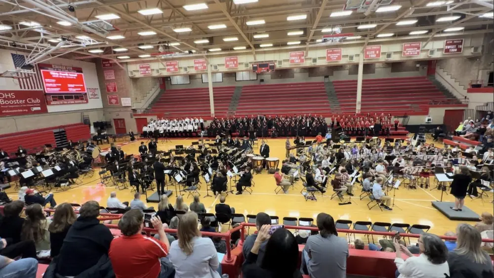 The combined music departments assemble over 200 student musicians from grades 5-12 at 2 p.m. on Sunday, Feb 22, in Kingman Gym at OTHS.
