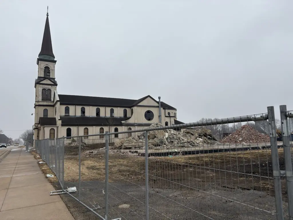 Demolition is mostly complete at the former Immaculate Conception Church site in Streator, with the main church building still standing.