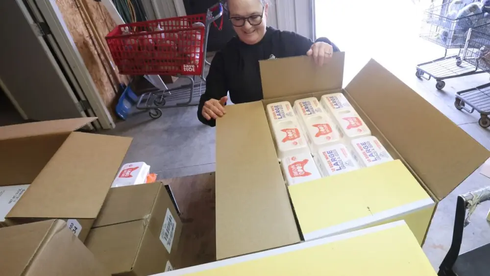 A long line of cars waited for the Easter distribution on Wednesday, March 25, 2026 at the Illinois Valley Food Pantry in Peru.