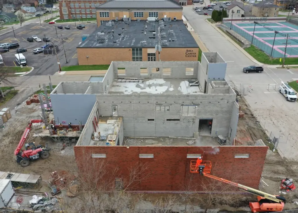 Crews are beginning to place bricks on the exterior of the La Salle-Peru Township High School’s new Agriculture Center, located on the southeast corner of Sixth and Creve Coeur streets in La Salle. The $8 million agriculture center is taking shape and is expected to be completed by the start of the 2026-2027 school year.