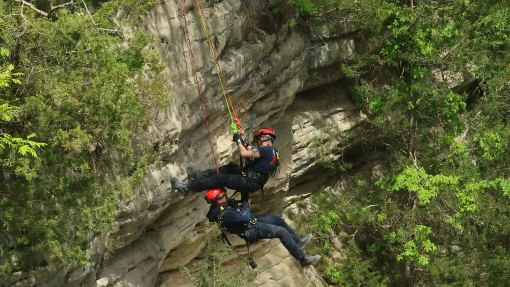 Fire departments from Ottawa, Utica, Tonica, and Oglesby gathered for a rope rescue training on Saturday, May 2, 2026 in Wildcat Canyon at Starved Rock State Park. Firefighters train at the park each spring for real-life rescues. Wildcat Canyon has cliffs that are over 100 feet high, and it creates a real-life scenario environment for rescuers to practice.