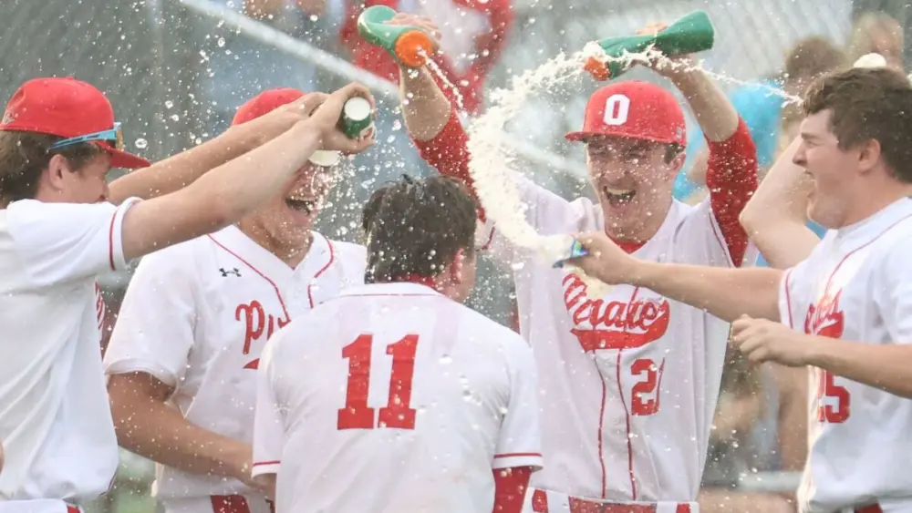 The Ottawa baseball team scored four runs in the sixth - the big blow a two-run double by Adam Swanson - to defeat Kaneland 6-4 in the Interstate 8 Conference contest at King Field on Monday. With the win the Pirates earned a share the league championship with the Knights.