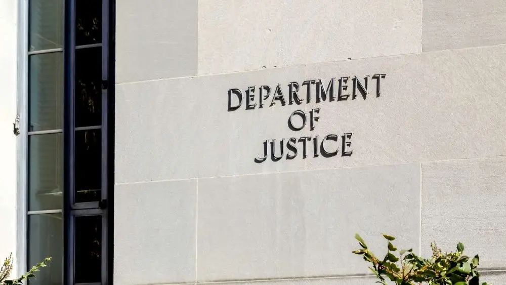 Sign of United States Department of Justice(DOJ) on their headquarters building in Washington^ D.C. USA. Washington D.C.^ USA - March 1^ 2020