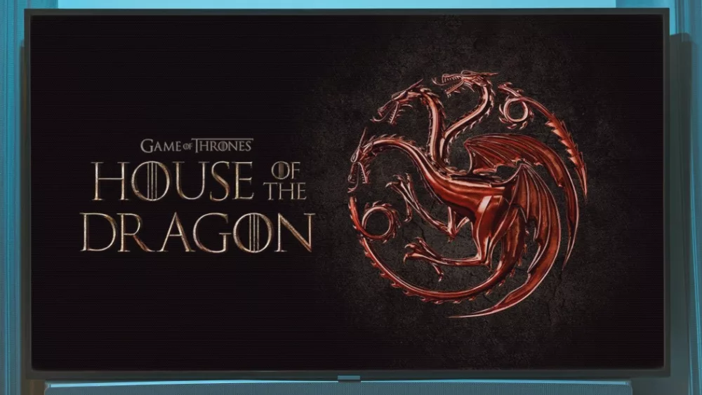 'House of Dragons' HBO MAX TV series on big tv screen. Game of Thones house of dragons television show at home