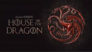 House of Dragons TV series on big tv screen. Game of Thones house of dragons television show at home