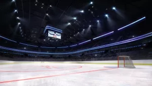 empty ice hockey arena inside playground view illuminated by spotlights^ hockey and skating stadium indoor 3D render illustration background^ my own design
