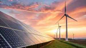 Solar panels and wind turbines stand tall under a dramatic sunset sky^ symbolizing clean renewable energy and a sustainable future landscape against a vibrant golden hour light.