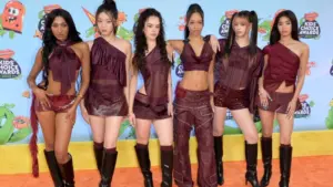 Katseye - Lara Raj^ Yoonchae Jeong^ Daniela Avanzini^ Manon Bannerman^ Megan Skiendiel and Sophia Laforteza at the 2025 Kids' Choice Awards at Barker Hanger. SANTA MONICA^ USA. June 21^ 2025