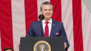 U.S. Secretary of Defense Peter Hegseth speaks at the National Memorial Day Observance at Arlington National Cemetery. ARLINGTON^ VA^ USA - May 26^ 2025