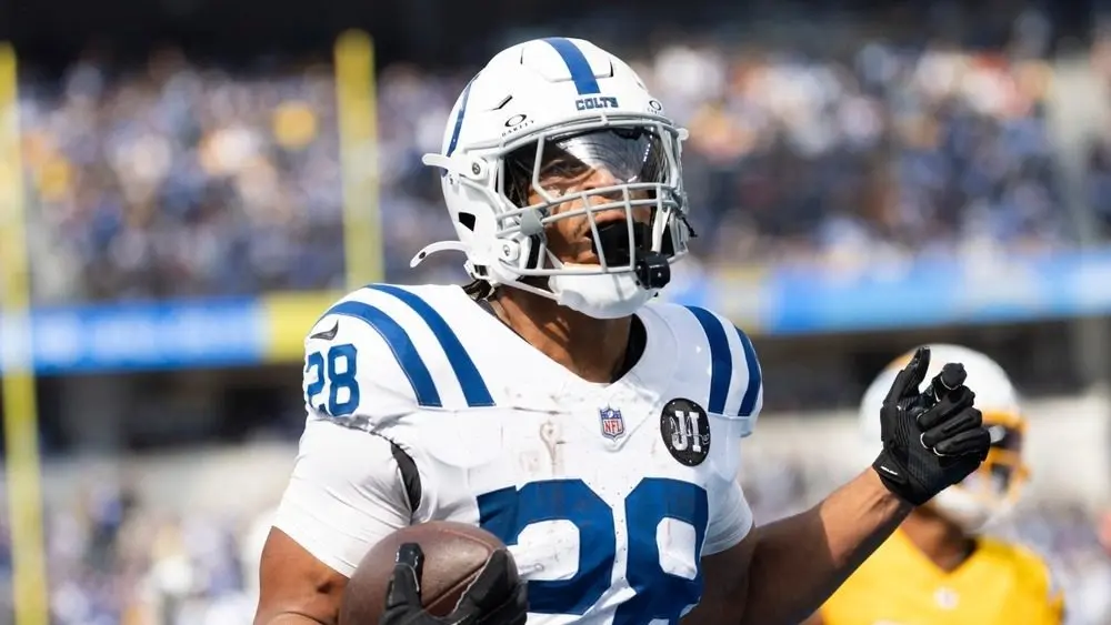 Indianapolis Colts running back Jonathan Taylor #28 runs for a touchdown against the Los Angeles Chargers during an NFL football game at SoFi Stadium^ Oct. 19^ 2025^ in Inglewood^ Calif.