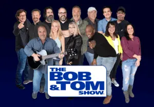 The Bob & Tom Show logo with cast behind the logo.