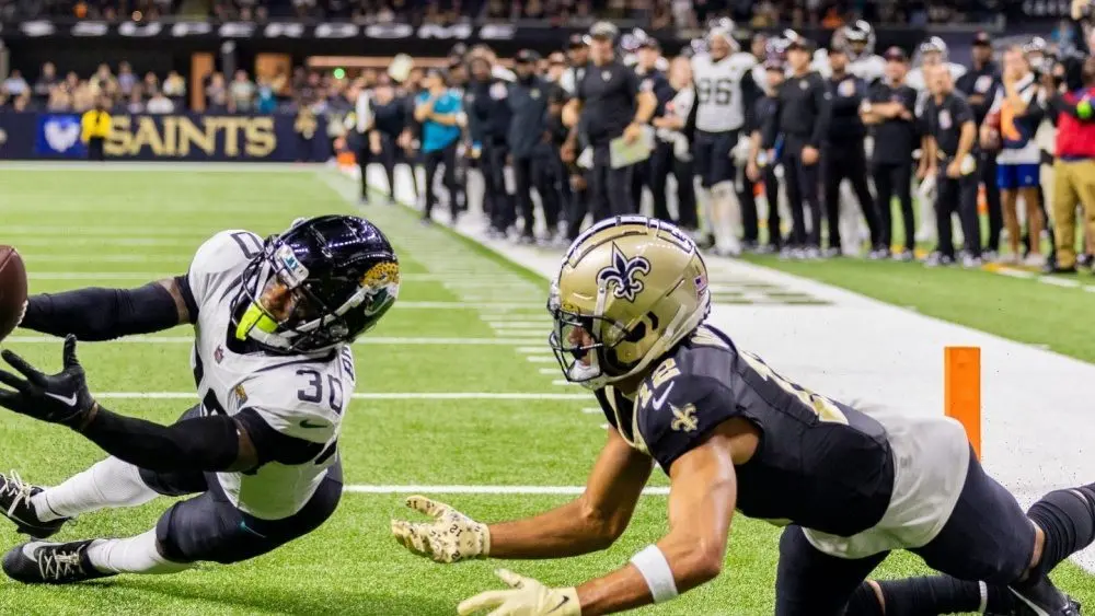 30 MONTARIC BROWN 12 CHRIS OLAVE JACKSONVILLE JAGUARS VS NEW ORLEANS SAINTS WEEK 7 OCTOBER 19^ 2023 CAESARS SUPERDOME NEW ORLEANS LOUISIANA